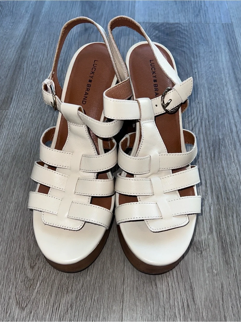Lucky Brand Imana Cream Leather Strappy Platform Block Heel Sandals Women's 9 M